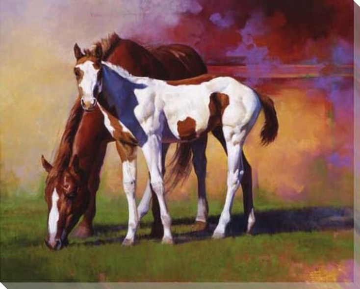 Hot Color Horse and Her Foal Wrapped Canvas Giclee Print Wall Art