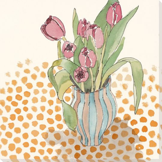 Tulip Flowers and Dots Wrapped Canvas Giclee Print Wall Art