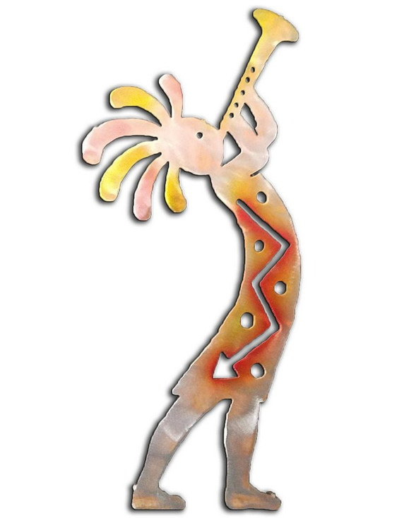 Right Facing Kokopelli Trumpet Player Sunset Swirl Metal Wall Art