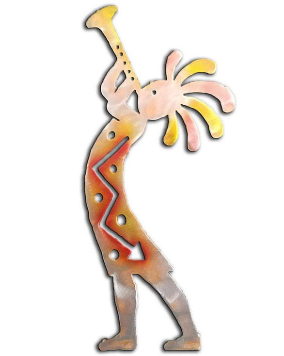 Left Facing Kokopelli Trumpet Player Sunset Swirl Metal Wall Art