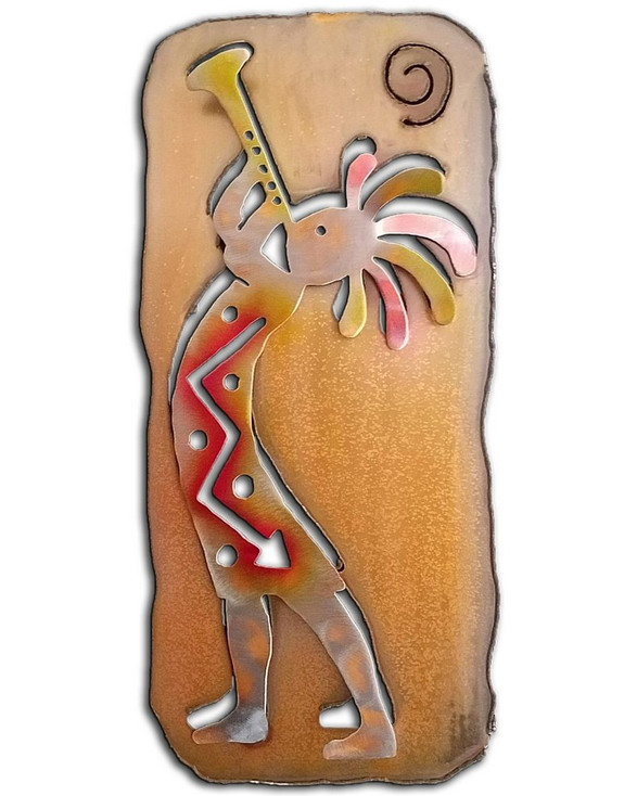 Left Facing Cut Out Trumpet Kokopelli Sunset Swirl Metal Wall Art