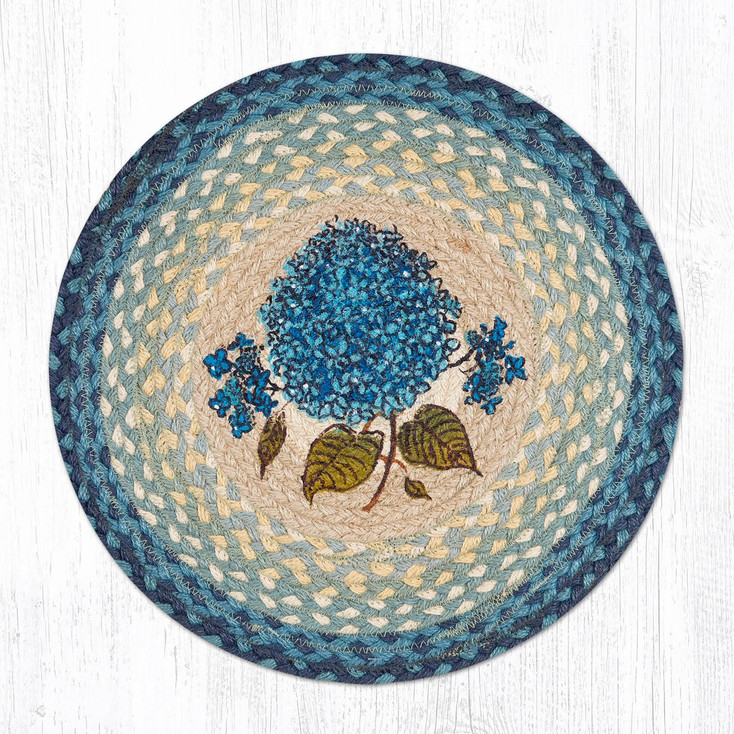 Blue Hydrangea Flower Braided Jute Chair Pad 15.5in