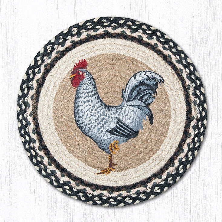 Black And White Rooster Bird Braided Jute Chair Pad 15.5in