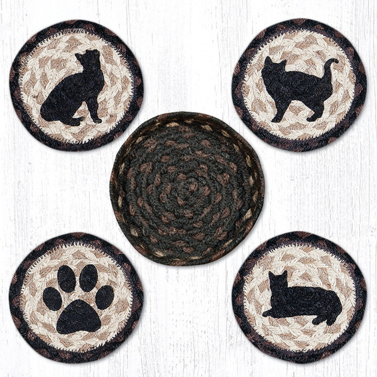 Porch Cat Braided Jute Coasters and Basket Holder, Set of 10