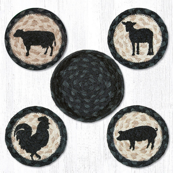 Barnyard Animals Braided Jute Coasters and Basket Holder
