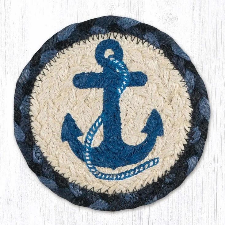 Blue Navy Anchor Braided Jute Coaster