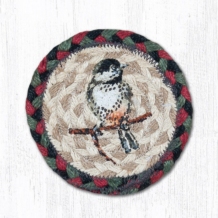 Chickadee Bird Braided Jute Coaster by Sandy Clough