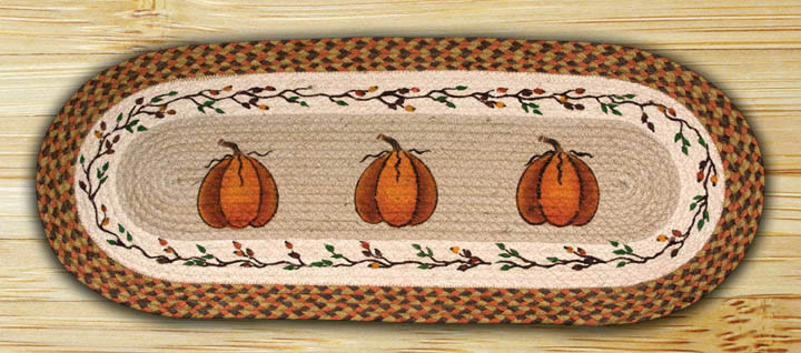 13" x 36" Three Harvest Pumpkins Braided Jute Oval Table Runner