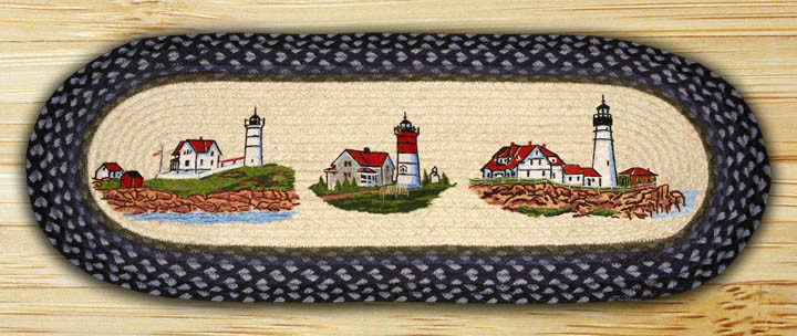13" x 36" Three Lighthouses Braided Jute Oval Table Runner