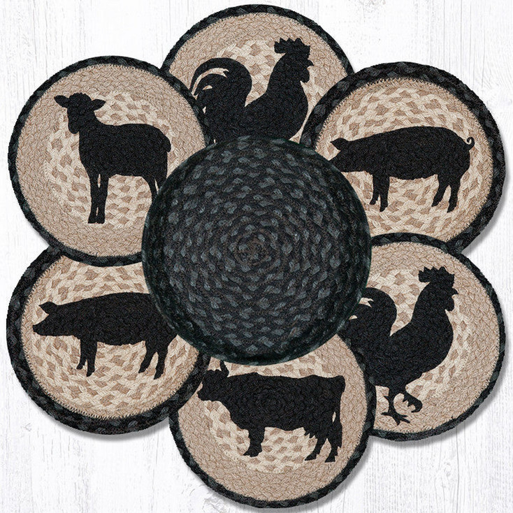 Barnyard Animals Braided Jute Trivets and Basket Holder