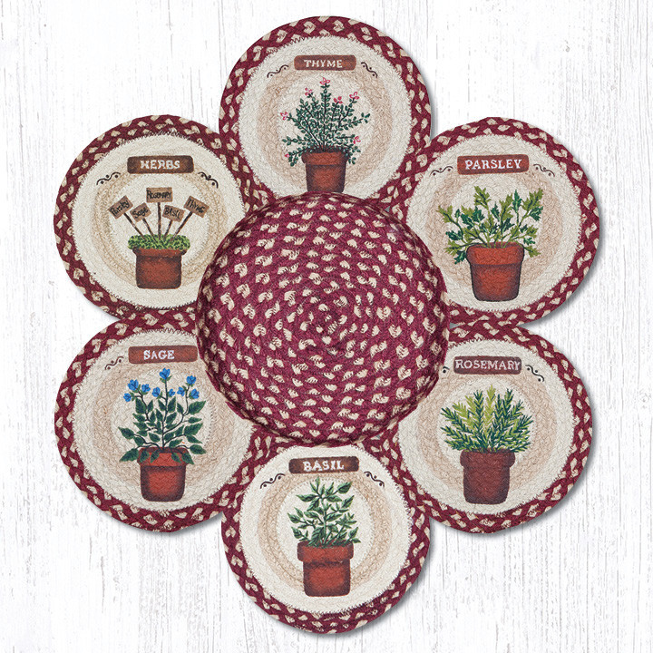 Assorted Herbs Braided Jute Trivets and Basket Holder