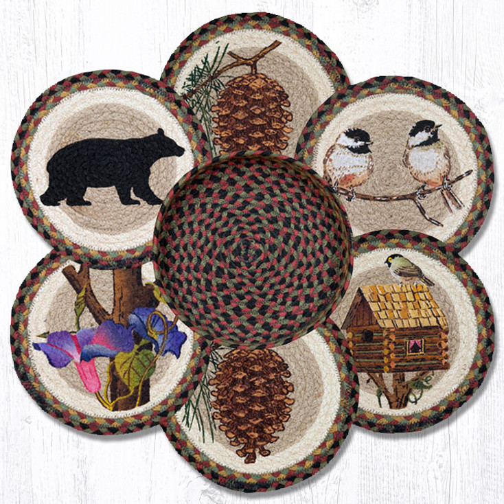 Assorted Cabin Bear Braided Jute Trivets and Basket Holder, Set of 7