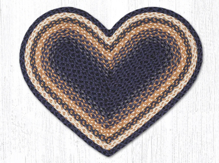 20" x 30" Light Blue Dark Blue Mustard Braided Jute Heart Shaped Rug
