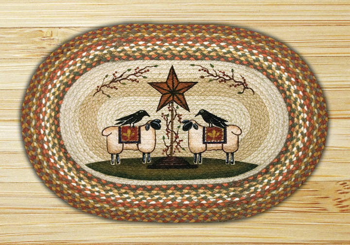 20" x 30" Sheep & Barn Star Braided Jute Oval Rug by Susan Burd