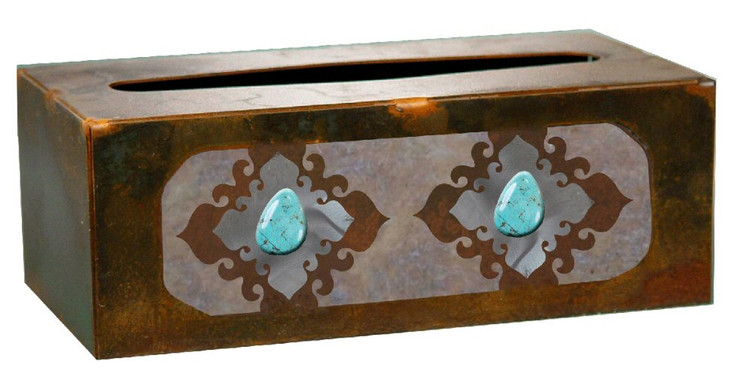 Burnished Turquoise Stone Metal Flat Tissue Box Cover