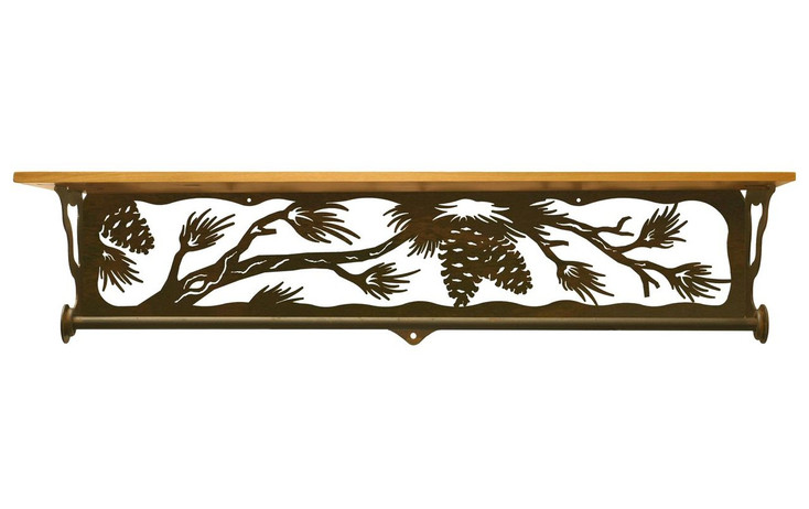 34" Pine Cone Branch Metal Towel Bar with Pine Wood Top Wall Shelf