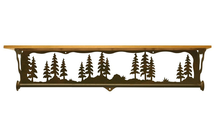34" Pine Tree Forest Metal Towel Bar with Alder Wood Top Wall Shelf