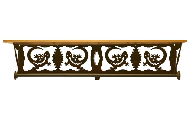 34" Gecko Lizard Scene Metal Towel Bar with Alder Wood Top Wall Shelf