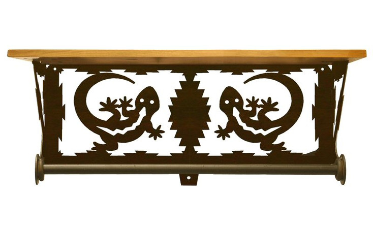 20" Gecko Lizard Scene Metal Towel Bar with Alder Wood Top Wall Shelf