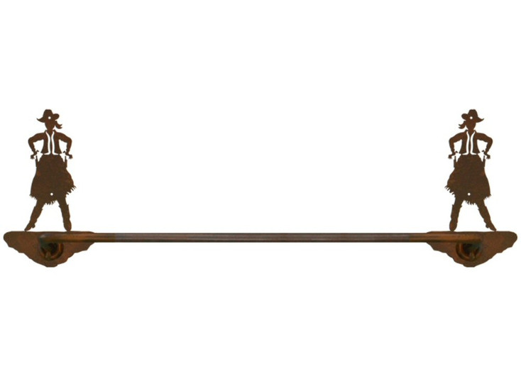 18" Cowgirl Drawing Pistol Metal Towel Bar