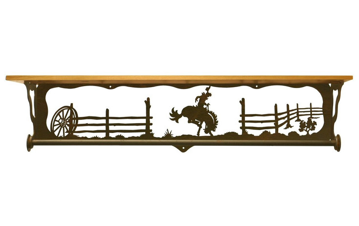 34" Bucking Bronco Rider Metal Towel Bar w/ Alder Wood Top Wall Shelf