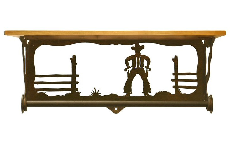 20" Cowboy Scene Metal Towel Bar with Alder Wood Top Wall Shelf