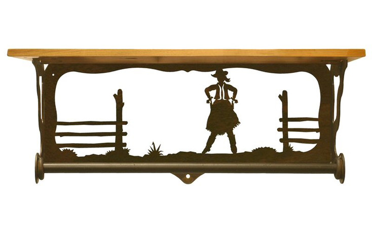 20" Cowgirl Scene Metal Towel Bar with Alder Wood Top Wall Shelf