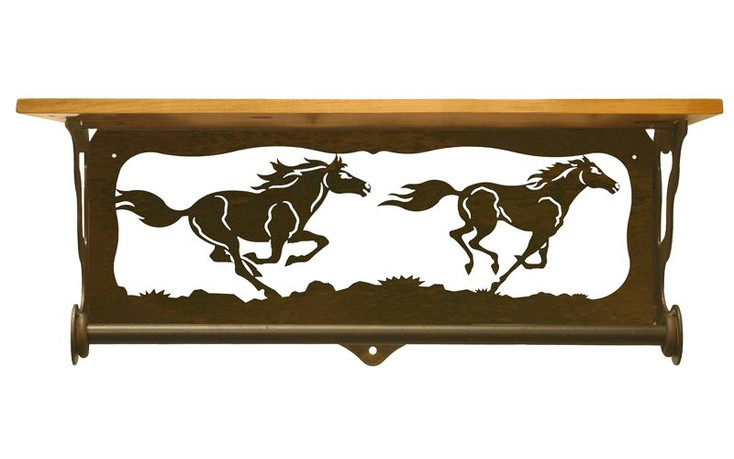 20" Wild Horses Scene Metal Towel Bar with Alder Wood Top Wall Shelf