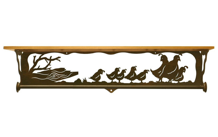 34" Quail Family Scene Metal Towel Bar with Pine Wood Top Wall Shelf