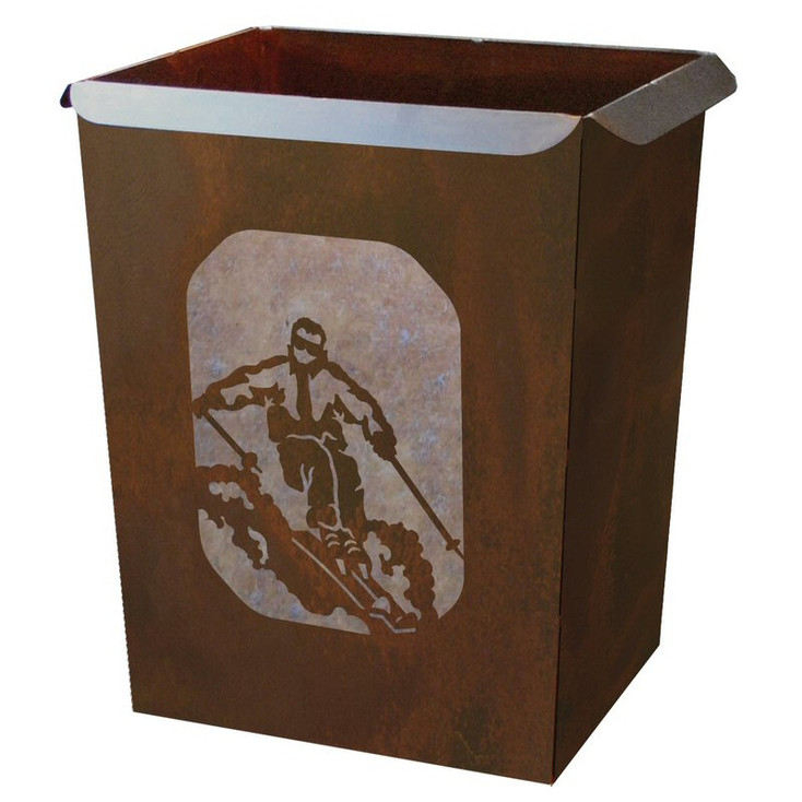 Skier Metal Wastebasket Trash Can