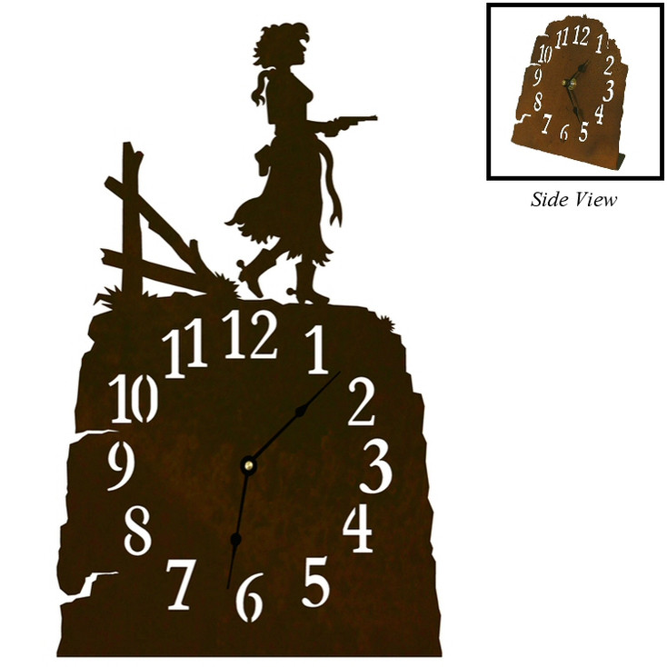 Cowgirl with Pistol Metal Table Clock