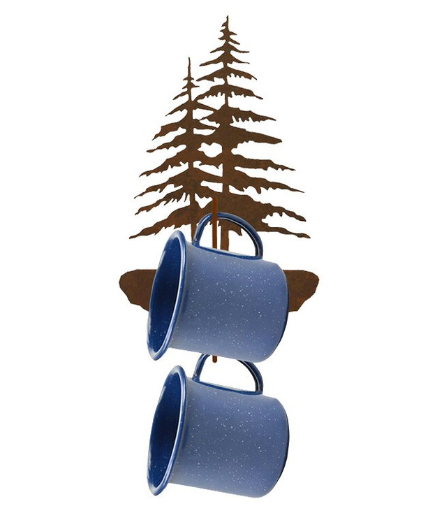 Double Pine Trees Metal Mug Holder Wall Rack