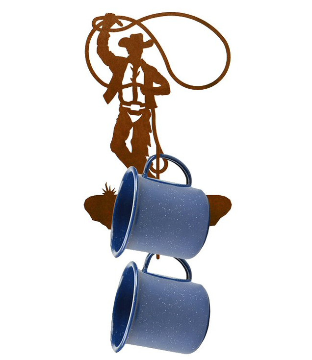 Cowboy Roping Metal Mug Holder Wall Rack