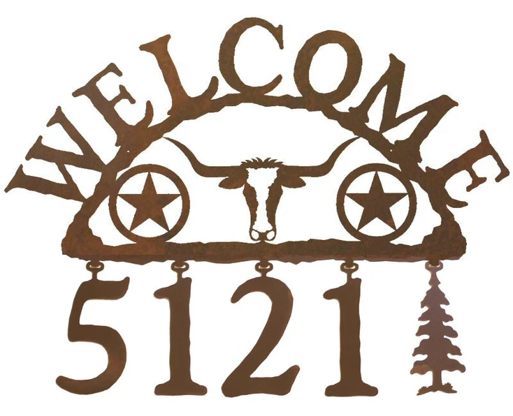 Texas Star with Longhorn Steer Metal Address Welcome Sign