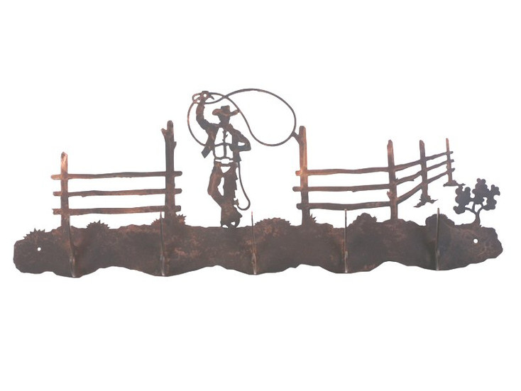 Roping Cowboy Scene Five Hook Metal Wall Coat Rack