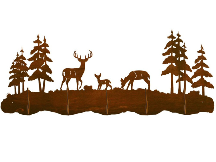 Deer Family and Pine Trees Scenic Five Hook Metal Wall Coat Rack