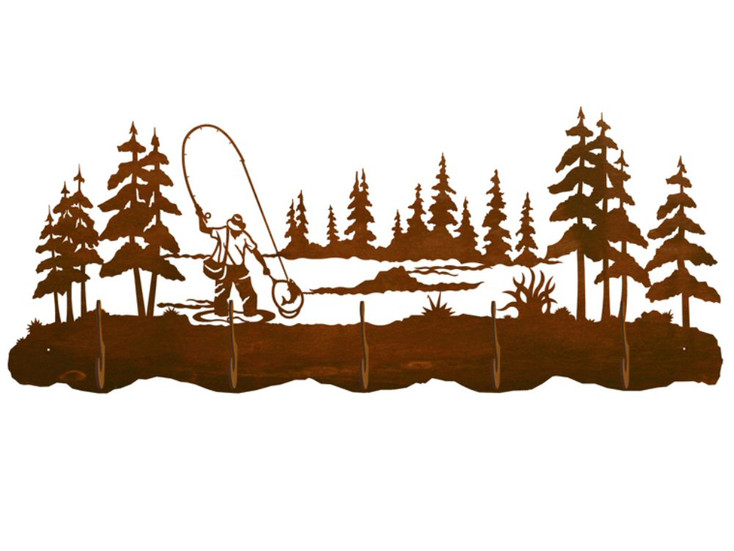 Fly Fisherman and Pine Trees Scenic Five Hook Metal Wall Coat Rack