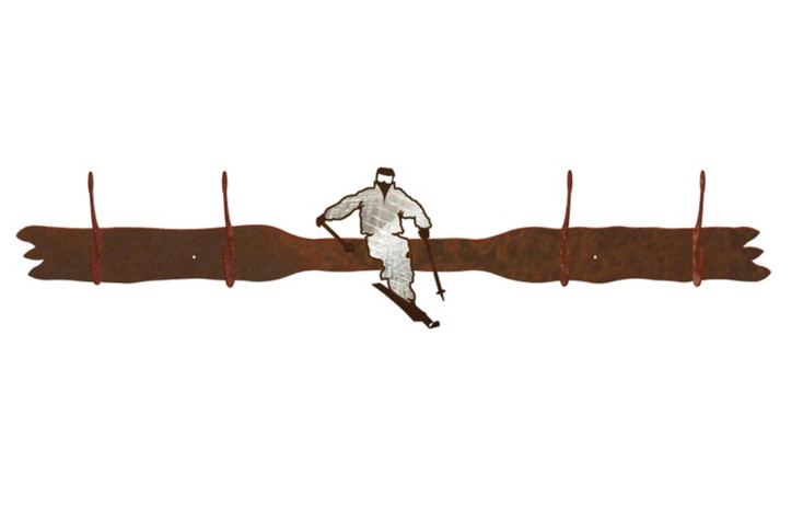 Burnished Skier Four Hook Metal Wall Coat Rack