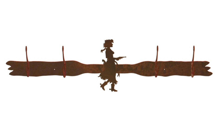 Cowgirl with Pistol Four Hook Metal Wall Coat Rack