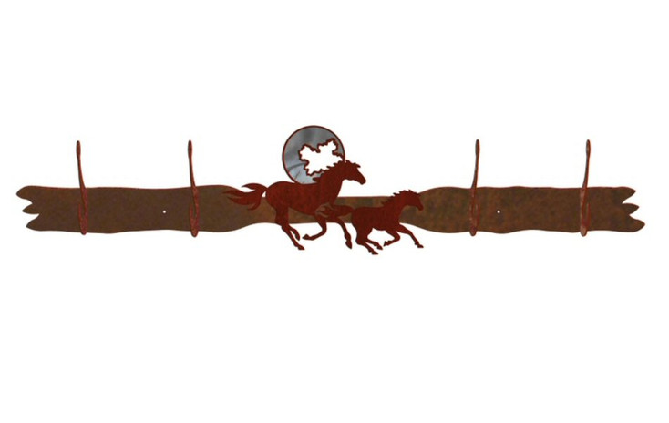 Burnished Running Horses and Moon Four Hook Metal Wall Coat Rack