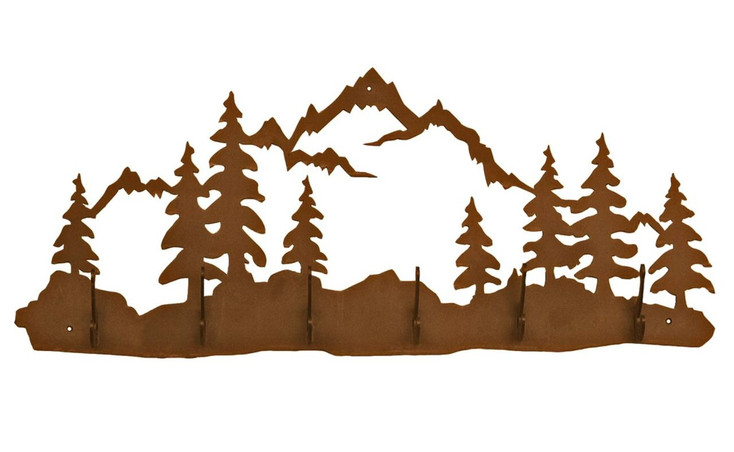 Mountain and Pine Trees Scene Six Hook Metal Wall Coat Rack