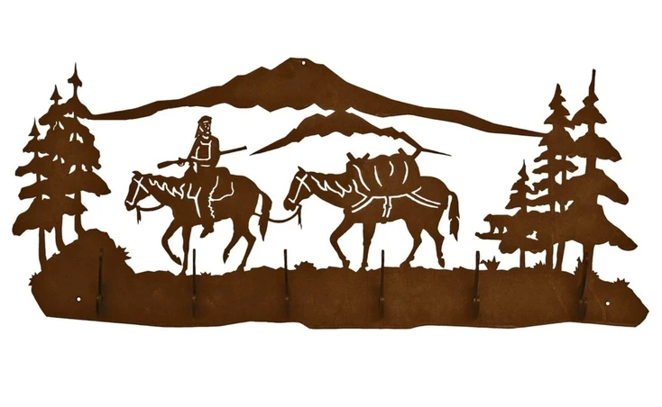 Mountain Man with Horses Scene Six Hook Metal Wall Coat Rack