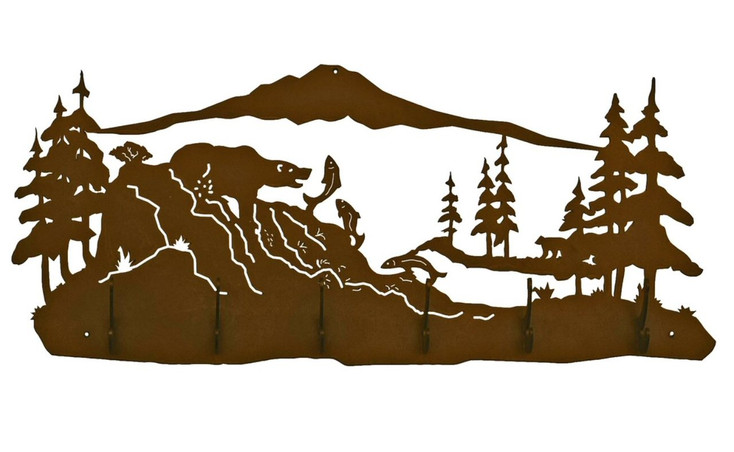 Bear Fishing Scene Six Hook Metal Wall Coat Rack