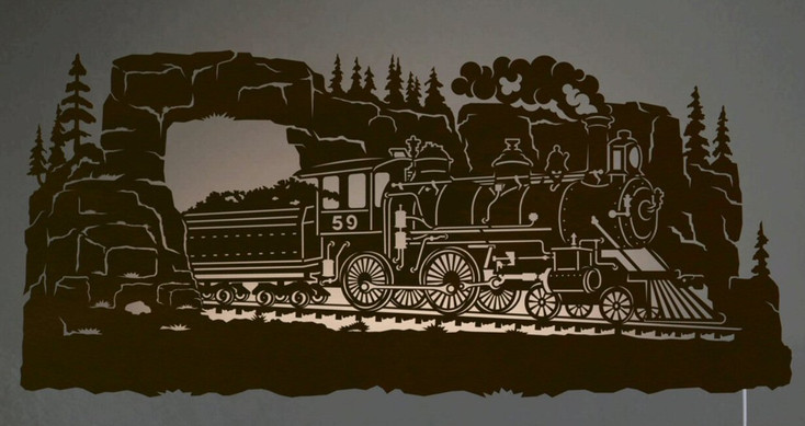 42" Steam Locomotive Train Scenic LED Back Lit Lighted Metal Wall Art