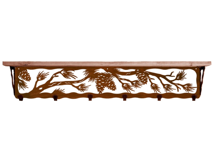 42" Pine Cone Metal Wall Shelf and Hooks with Pine Wood Top