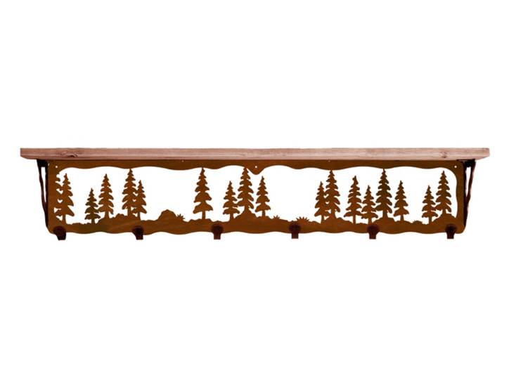 42" Pine Trees Metal Wall Shelf and Hooks with Alder Wood Top