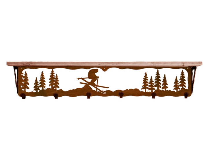 42" Snow Skier Metal Wall Shelf and Hooks with Pine Wood Top