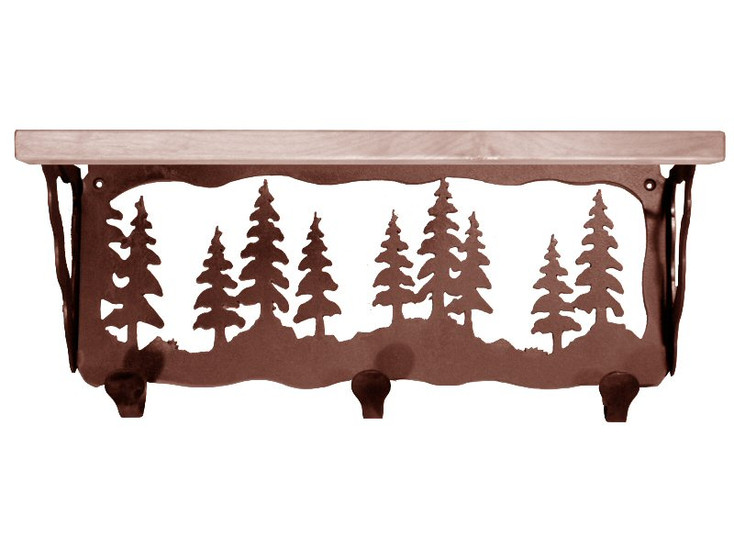 20" Pine Trees Metal Wall Shelf and Hooks with Pine Wood Top