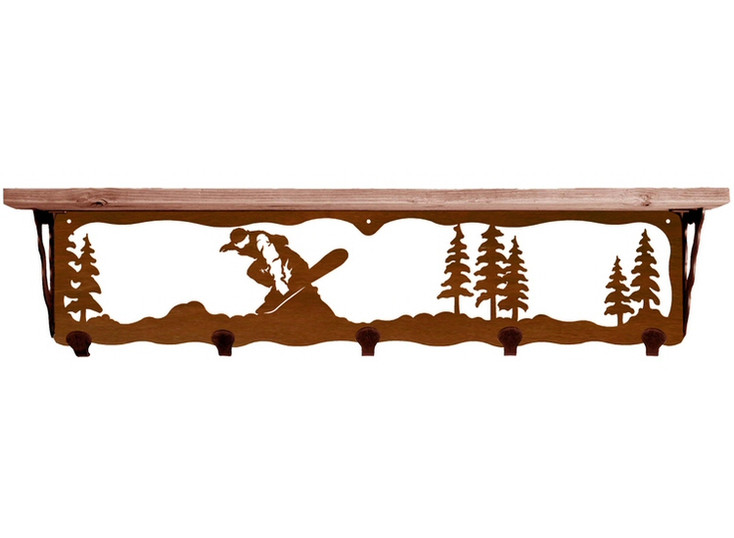 34" Snowboarder Metal Wall Shelf and Hooks with Pine Wood Top