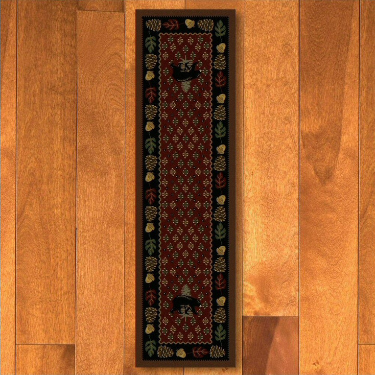 2' x 8' Patchwork Bear and Pinecones Red Wildlife Rectangle Runner Rug